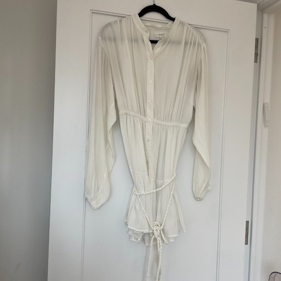 A.L.C. Blouson Long Sleeve Mini Dress White Button Up String Belt Flounce Hem - Picture 5 of 11
